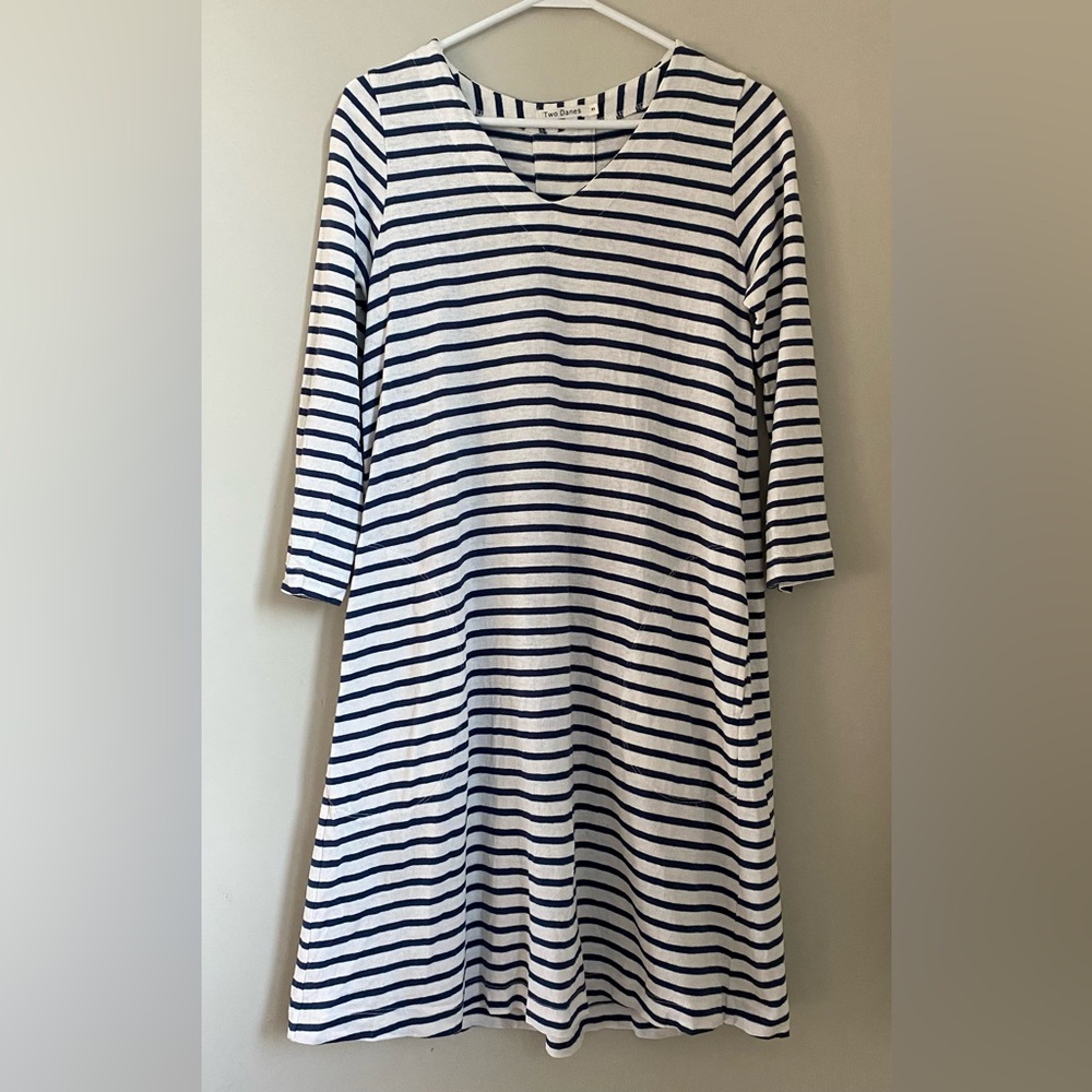 Two Danes Hemp Cotton Striped Blue & White Coastal Dress Size XS Cottagecore - Picture 10 of 11